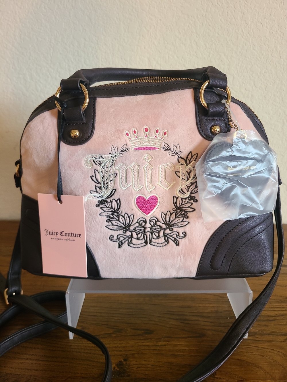 Juicy Couture Pink and Brown Embroidered Crest Crossbody Bag